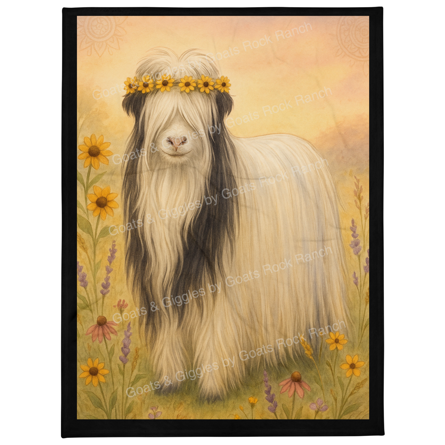Illustration of a long-haired Heritage Mini Silky Goat with a flower crown in a floral setting