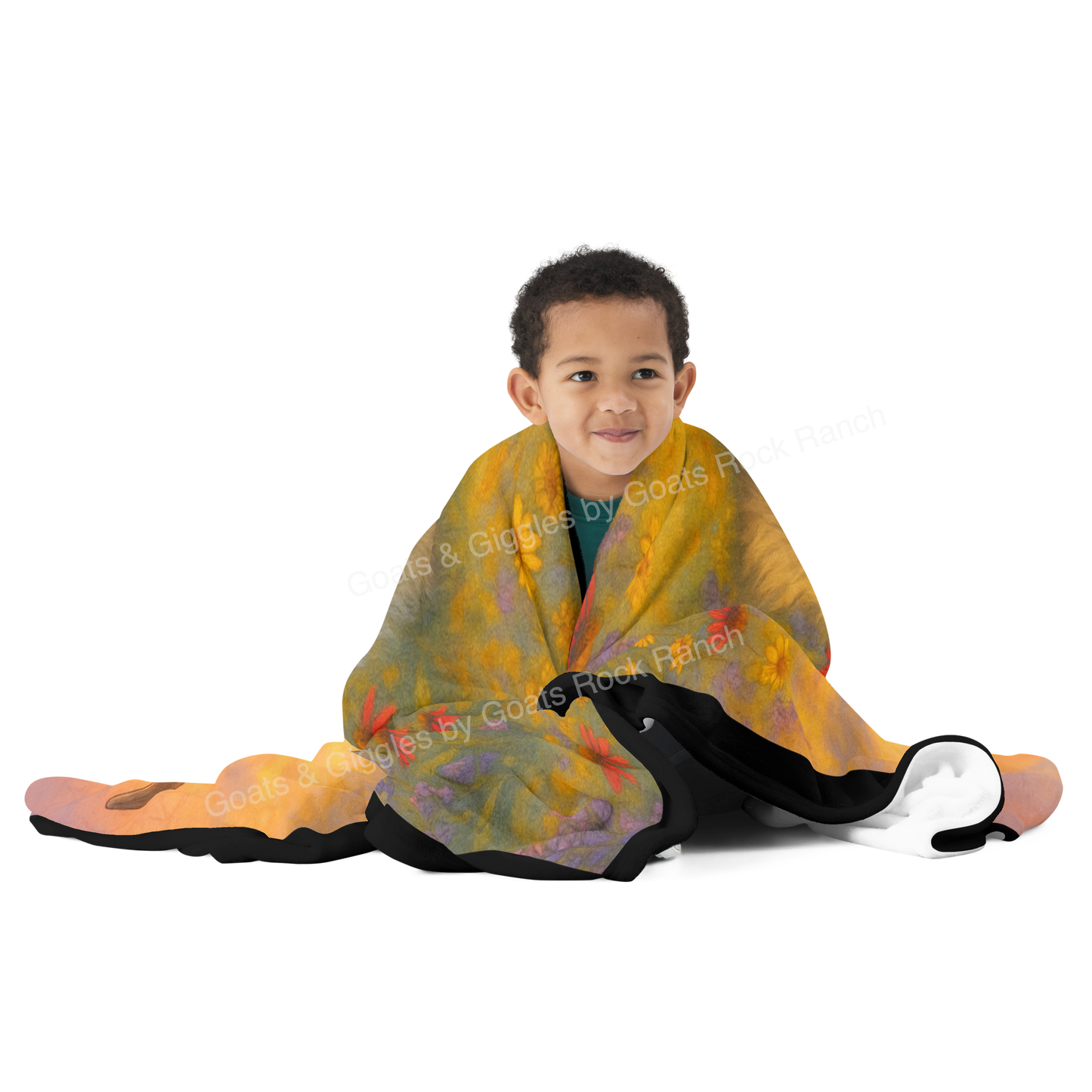 Child wrapped in a colorful blanket with a Heritage Mini silky, RNA Dillon, design on a white background