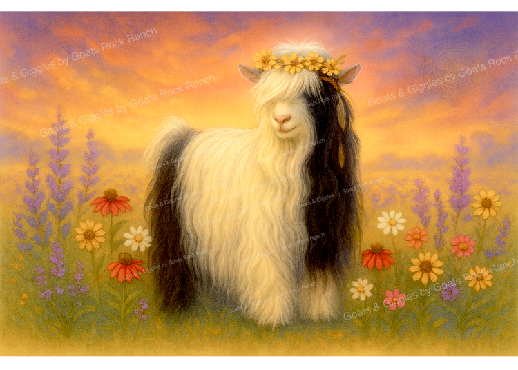 Goats Rock Ranch Pansy Peek-a-Boo aka Moonlit Meadow Wildflower  Heritage Mini Silky goat among glowing wildflowers and sunset skies