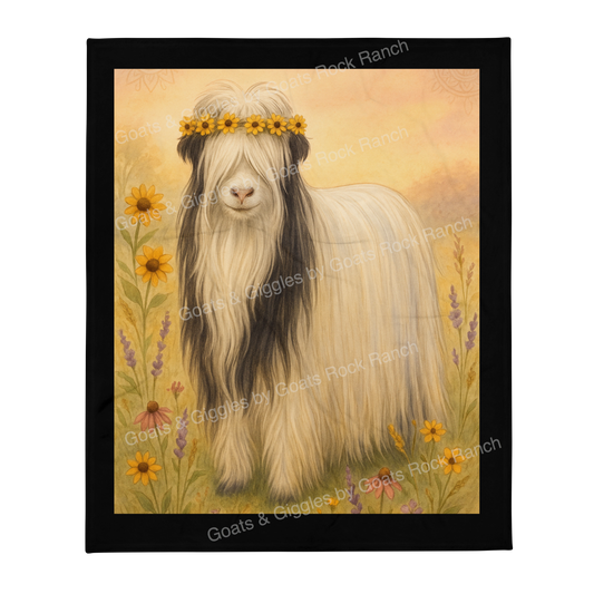 Throw blanket BOHO Heritage Mini Silky Goat, Goats Rock Ranch, MCH Gretel hasa Freckle,  with a flower crown in a field of flowers, with 'Goats & Giggles Rock Ranch' branding.