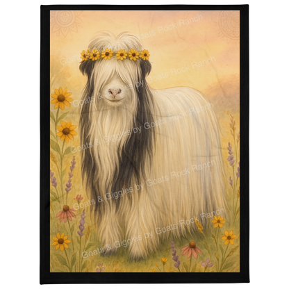 Illustration of a long-haired Heritage Mini Silky Goat with a flower crown in a floral setting