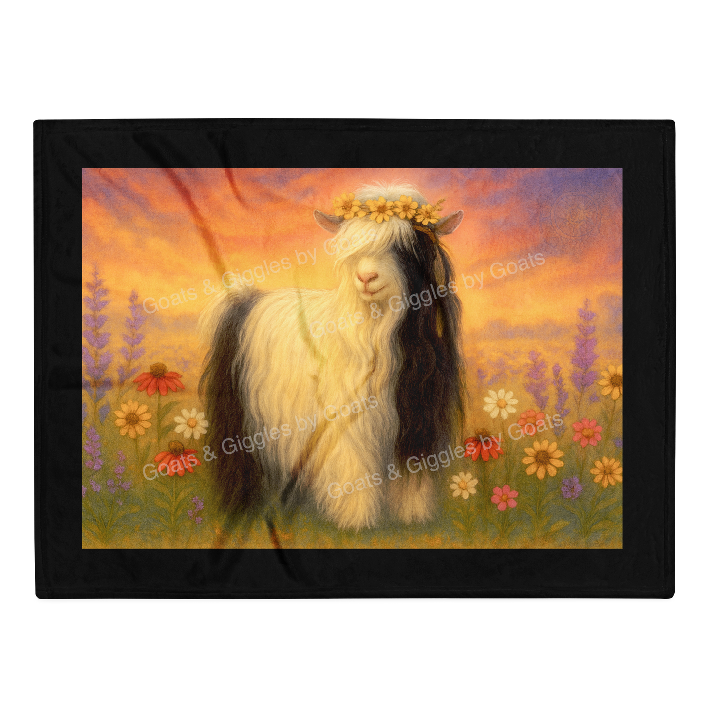 Goats Rock Ranch Pansy Peek-a-Boo with a flower crown in a field of flowers with a sunset sky