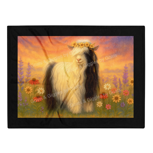 Goats Rock Ranch Pansy Peek-a-Boo with a flower crown in a field of flowers with a sunset sky