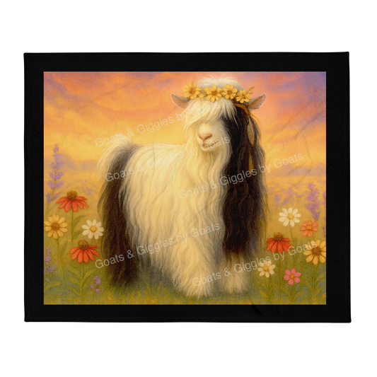 Goats Rock Ranch Pansy Peek-a-Boo with a flower crown in a field of flowers with a sunset sky