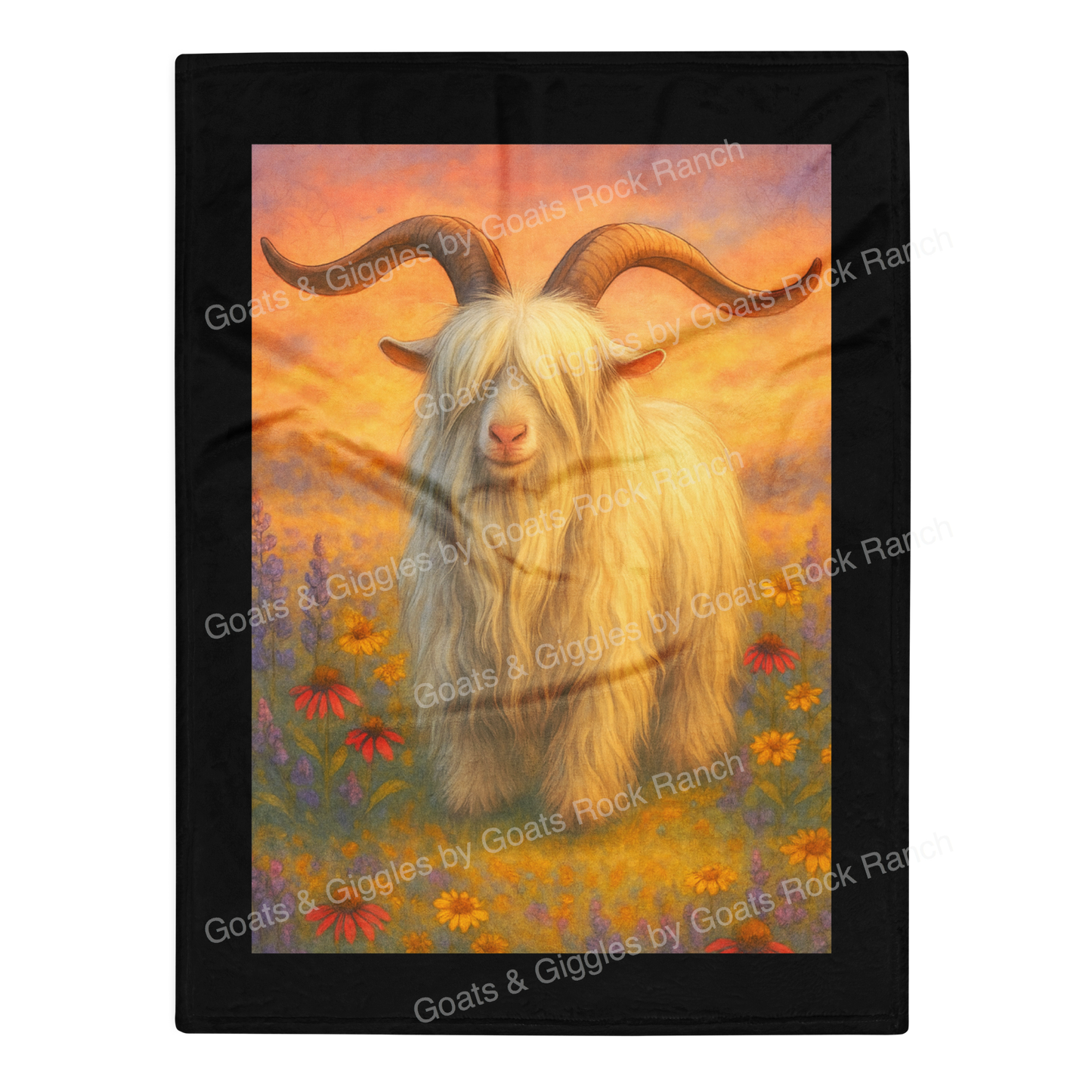 Painting of RNA Dillon with long horns in a field of flowers, framed by 'Goats & Giggles by Goats Rock Ranch'.