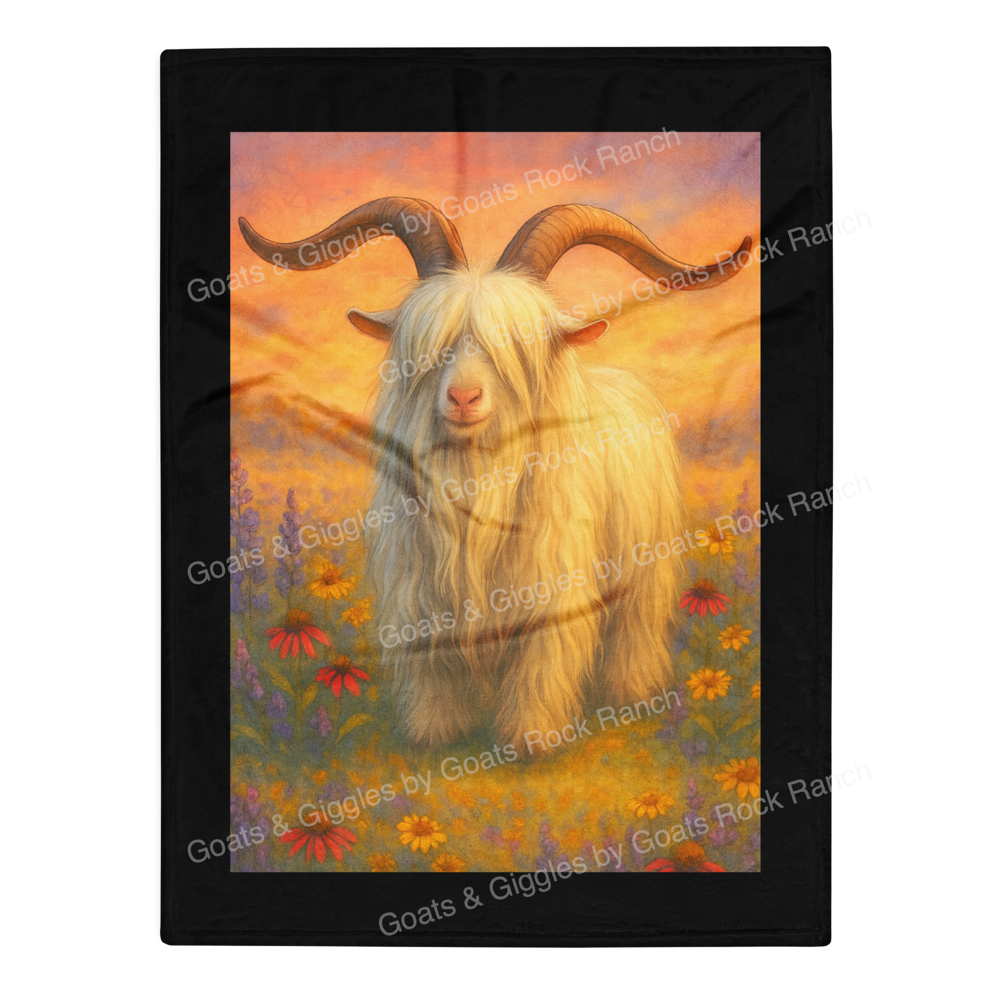 Painting of RNA Dillon with long horns in a field of flowers, framed by 'Goats & Giggles by Goats Rock Ranch'.