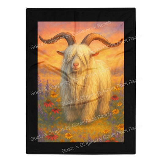 Painting of RNA Dillon with long horns in a field of flowers, framed by 'Goats & Giggles by Goats Rock Ranch'.