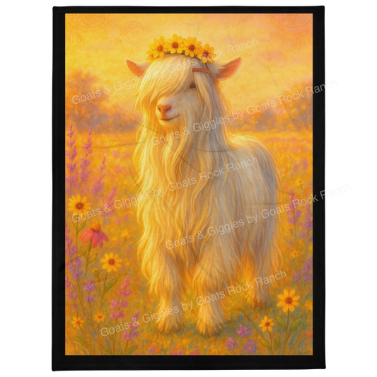 Heritage Mini Silky with a flower crown in a field of flowers on a warm-toned background