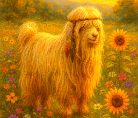 Long-haired Heritage Mini Silky goat, RNA DesiDoBDesirable at Goats Rock Ranch, with a headdress in a field of flowers