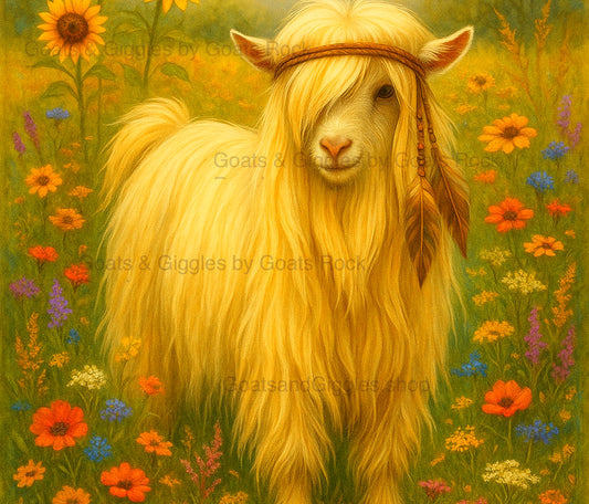 GRR LaTDa R'nt U JustPerfect, with long hair and leather headband in a field of flowers, featuring the brand 'Goats & Giggles by Goats Rock'