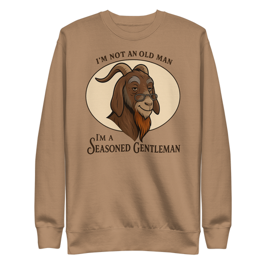 Funny seasoned gentleman design on a men’s graphic tee, perfect birthday or retirement gift. Latte
